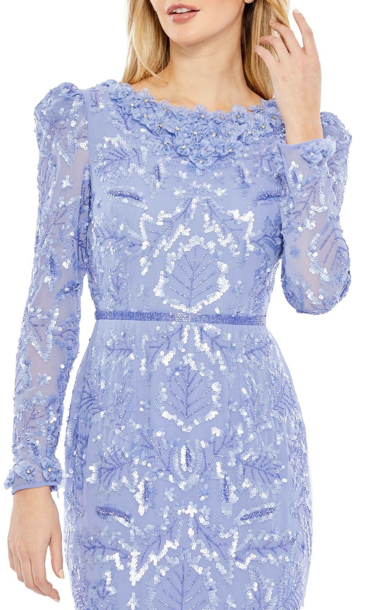A woman wearing the Mac Duggal 93595 Sequin Midi Wedding Guest Dress—an elegant long-sleeve light blue dress featuring floral sequin patterns and a textured neckline, perfect for wedding guests.